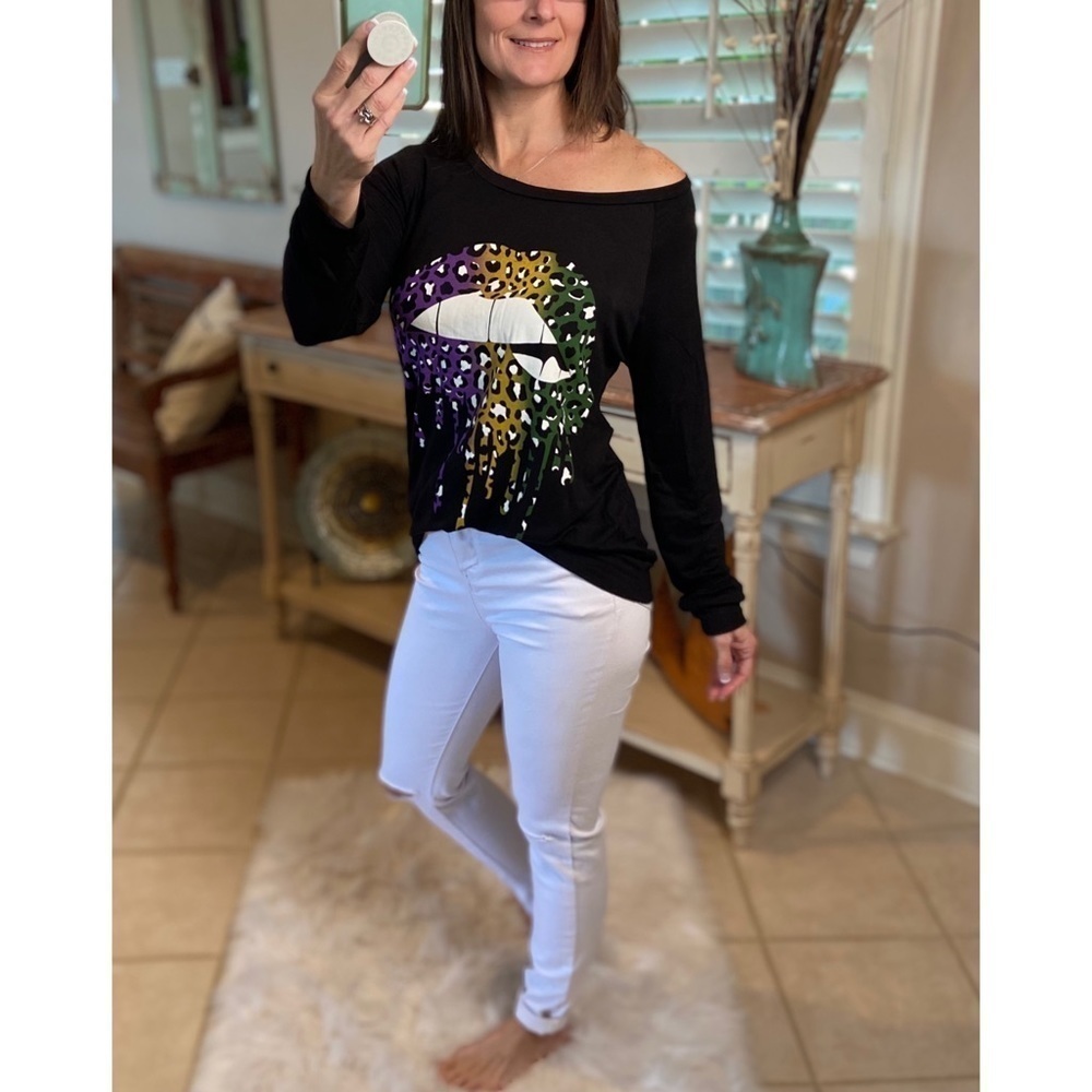 Mardi Gras Leopard Lips Off Shoulder Long Sleeve Parade Festive Black 0421